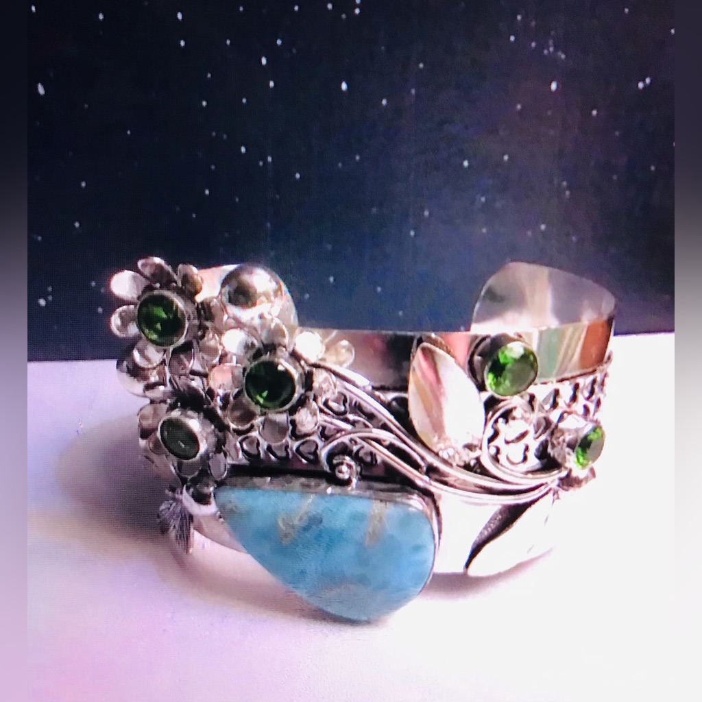 Larimar Peridot Stamped 925 Sterling Silver Cuff Bracelet